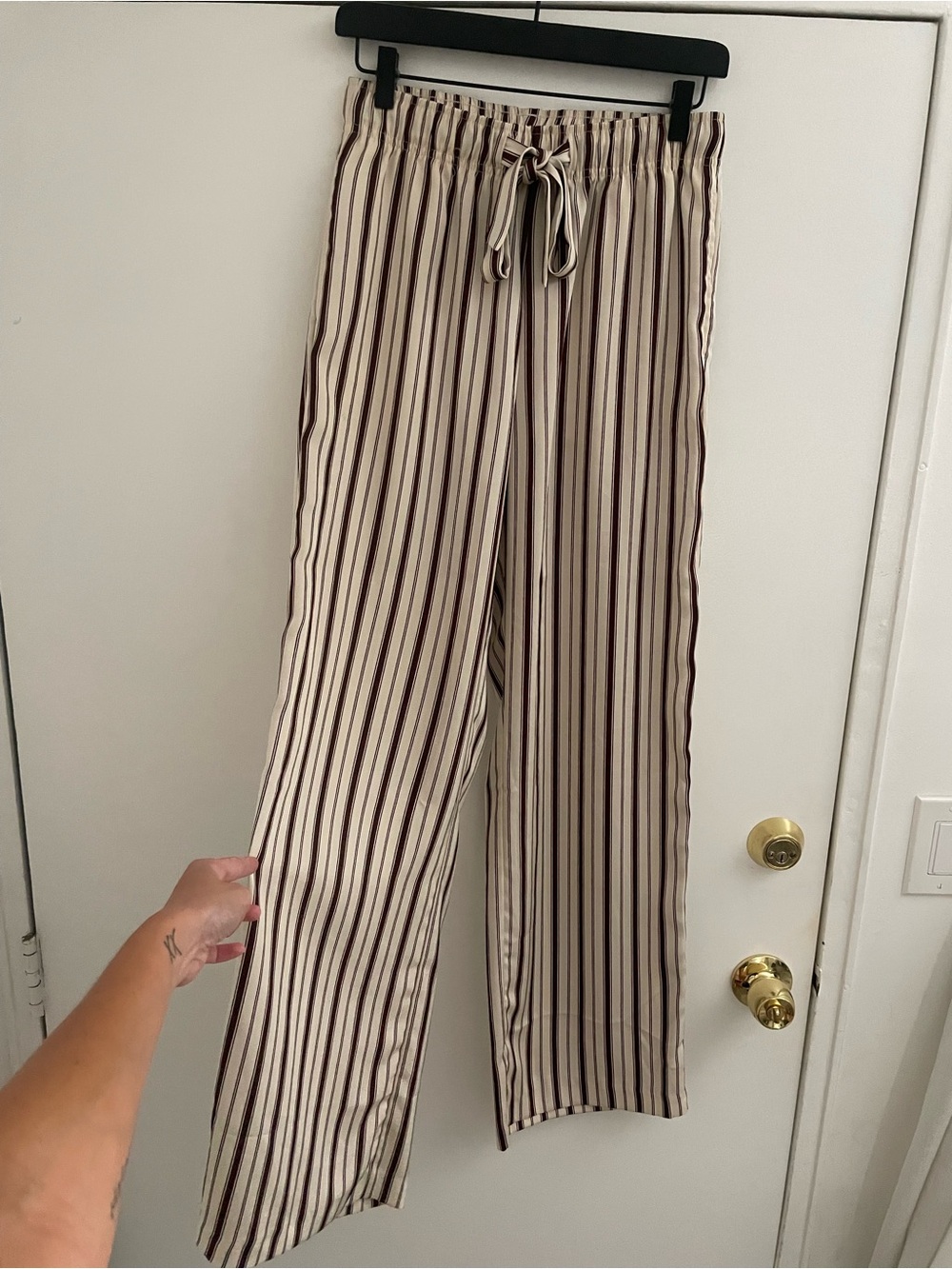 H&M brown & cream striped drawstring trousers, size small